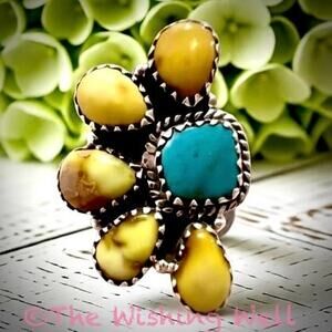 Sonoran gold & Kingman Turquoise | Half Cluster Artisan Ring | 925 | Size Adjust